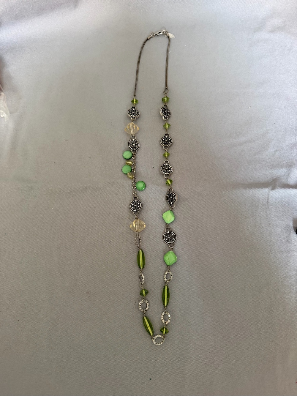 Coldwater Creek Green Glass Bead Silver Filigree Station Long Boho Necklace